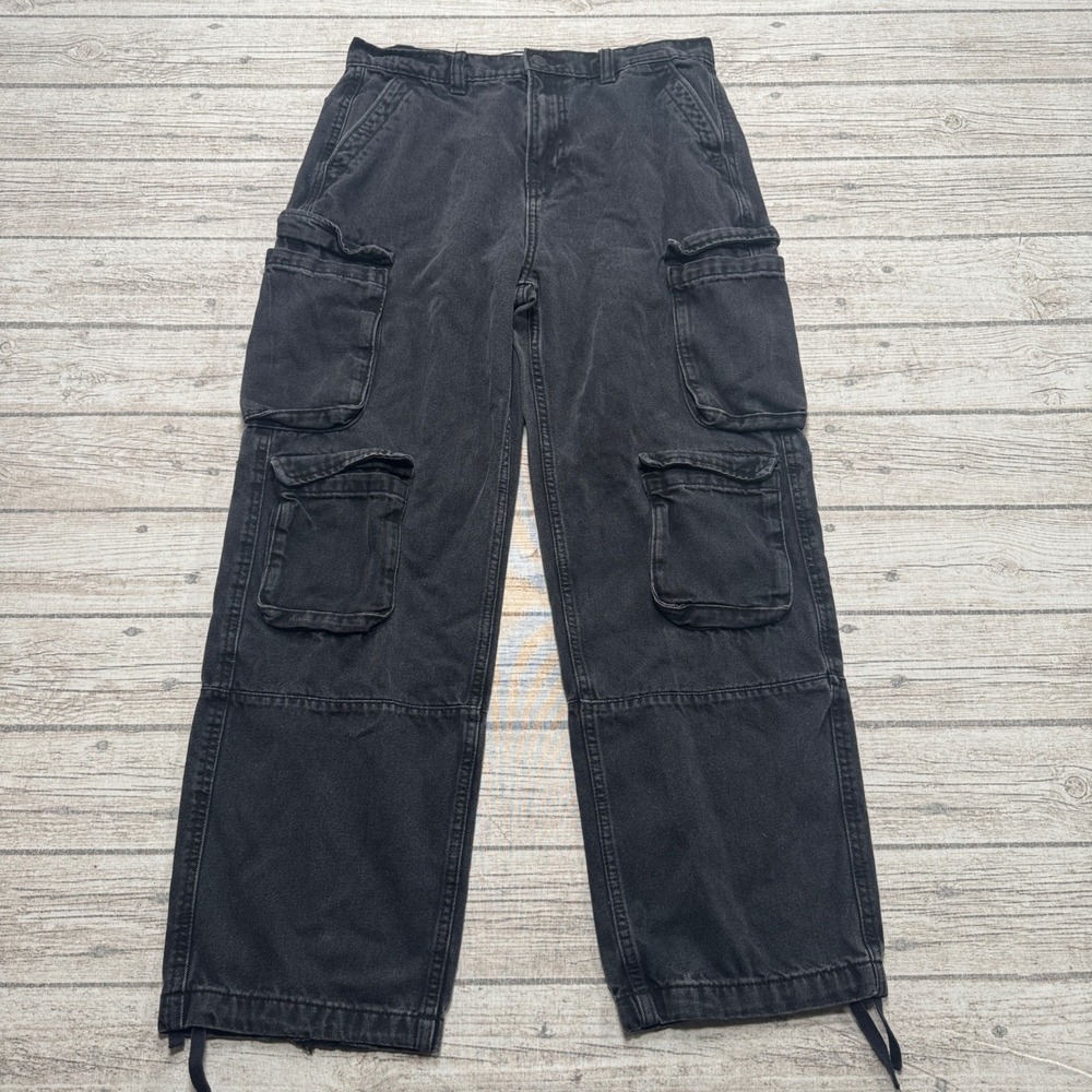 UH Denim Cargo Pants Men's 30 Black Biggy Baggy Fit Wide Leg Utility Streetwear